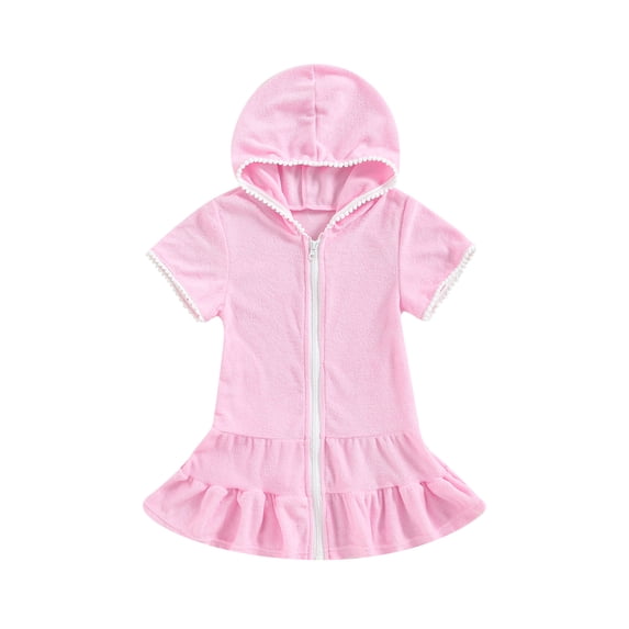 Springcmy Kids Little Girl Swim Cover Up Dress Toddler Towel Terry Swimsuit Wraps Zip Up Bathing Suit Robe Pool Beach Coverup Pink 3-4 Years