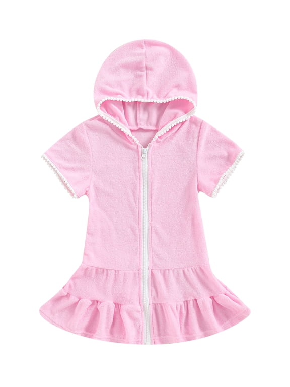Kids Little Girl Swim Cover Up Dress Toddler Towel Terry Swimsuit Wraps Zip Up Bathing Suit Robe Pool Beach Coverup Pink 5-6 Years
