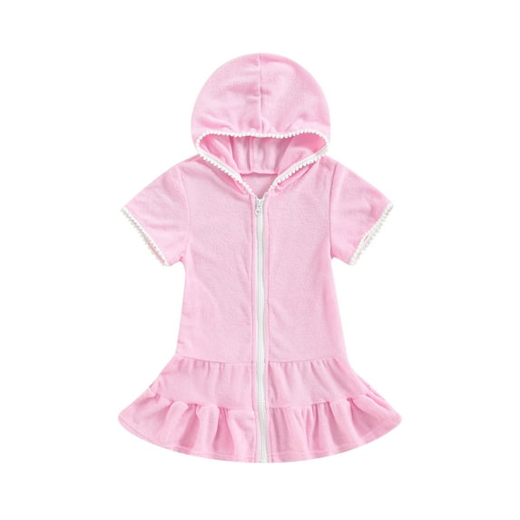 Springcmy Kids Little Girl Swim Cover Up Dress Toddler Towel Terry Swimsuit Wraps Zip Up Bathing Suit Robe Pool Beach Coverup Pink 9-10 Years
