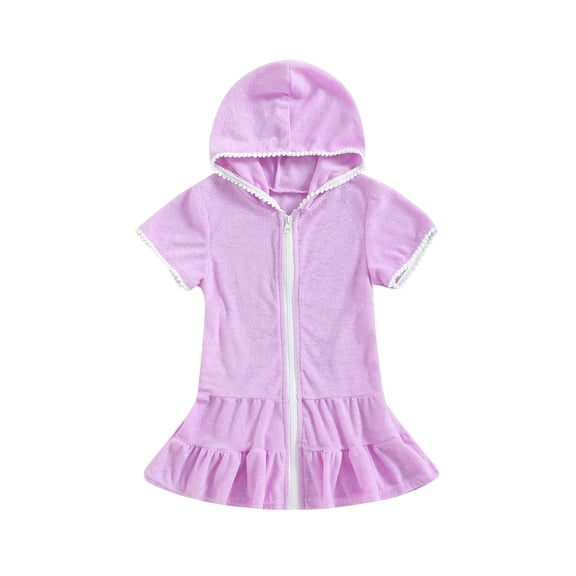 Springcmy Kids Little Girl Swim Cover Up Dress Toddler Towel Terry Swimsuit Wraps Zip Up Bathing Suit Robe Pool Beach Coverup Purple 2-3 Years
