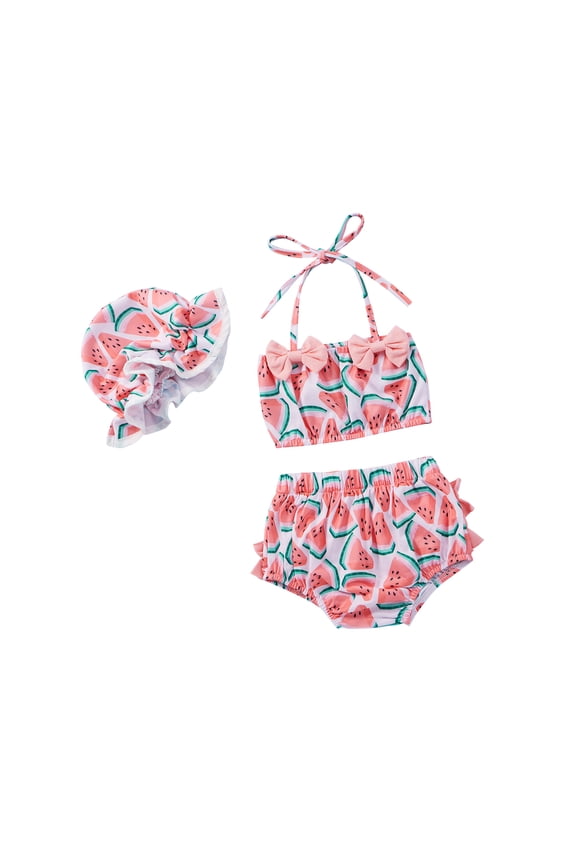 Newborn Baby Girl Swimsuit Sleeveless Flamingo Print Crop Top Ruffle Shorts Hat 3Pcs Summer Bathing Suit Red 0-6 Months