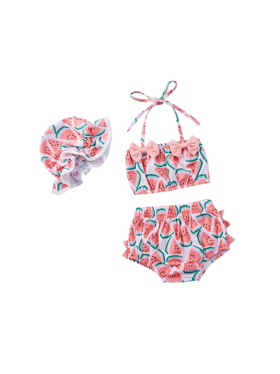 Newborn Baby Girl Swimsuit Sleeveless Flamingo Print Crop Top Ruffle Shorts Hat 3Pcs Summer Bathing Suit Red 0-6 Months