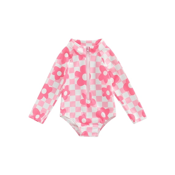 Springcmy Baby Girls One-Piece Swimsuit Toddler Long Sleeve Rush Guard Bikini Zipper Front Swimwear Bathing Suit Pink 6-9 Months