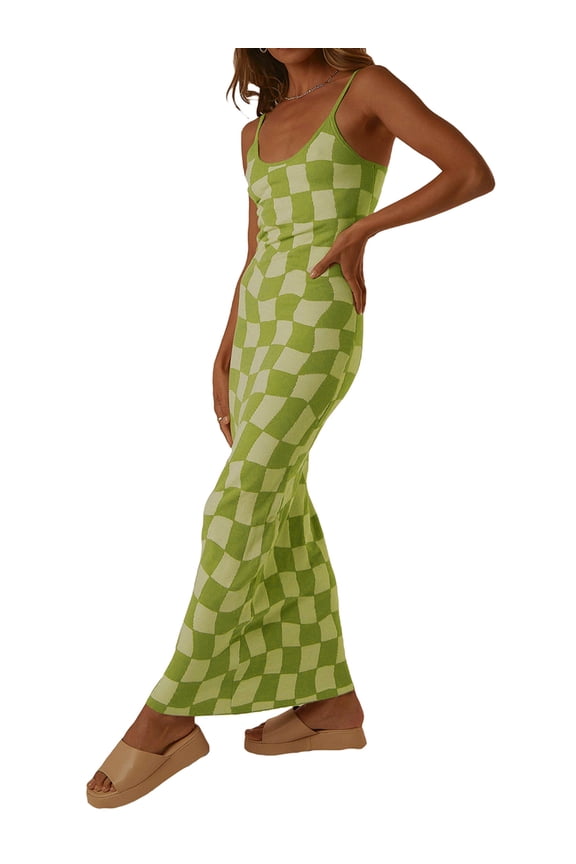 Sexy Knitted Bodycon Maxi Dress for Women Spaghetti Strap Low Cut Dress Strenchy Sleeveless Sling Long Cami Dress