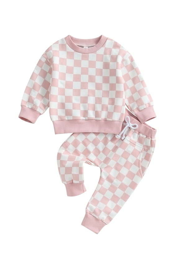 Toddler Baby Boy Girl Fall Winter Clothes Set Checkerboard Plaid Pullover Sweatshirt Tops Drawstring Pants Outfit Pink 12-24 Months