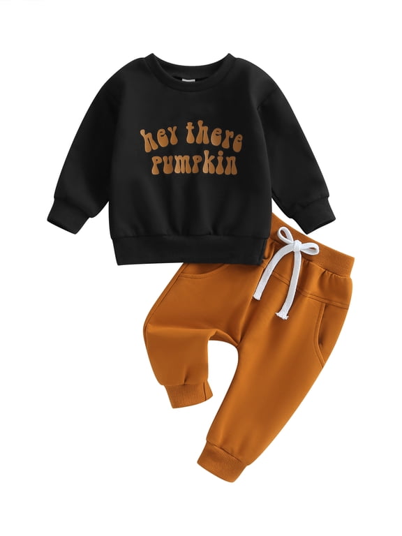 Toddler Baby Boy Halloween Outfits Letters Print Long Sleeve Crewneck Sweatshirt Tops Drawstring Pants 2pcs Clothes Set Black 2-3 Years