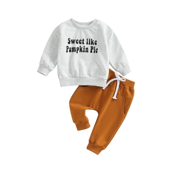 Springcmy Toddler Baby Boy Halloween Outfits Letters Print Long Sleeve Crewneck Sweatshirt Tops Drawstring Pants 2pcs Clothes Set Grey 0-6 Months