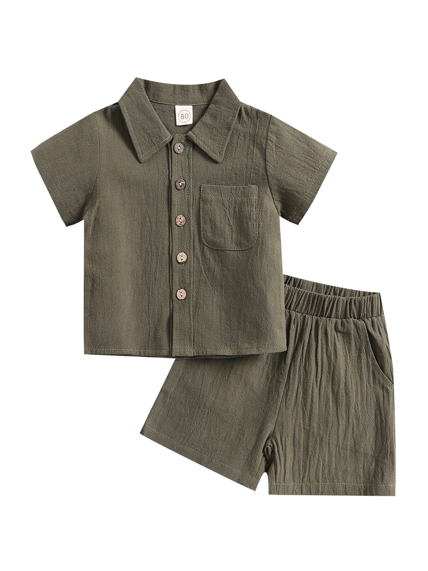 Springcmy Toddler Baby Boys Clothes Set Cotton Linen Short Sleeve Button  Down Shirt Top and Shorts 2PCS Summer Outfit D# Army Green 18-24 Months