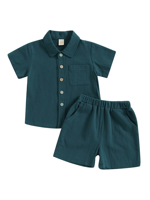 Toddler Baby Boys Cotton Linen Shorts Outfits Button Up Short Sleeve Shirts and Shorts 2Pcs Summer Clothes Set Atrovirens 3-4 Years