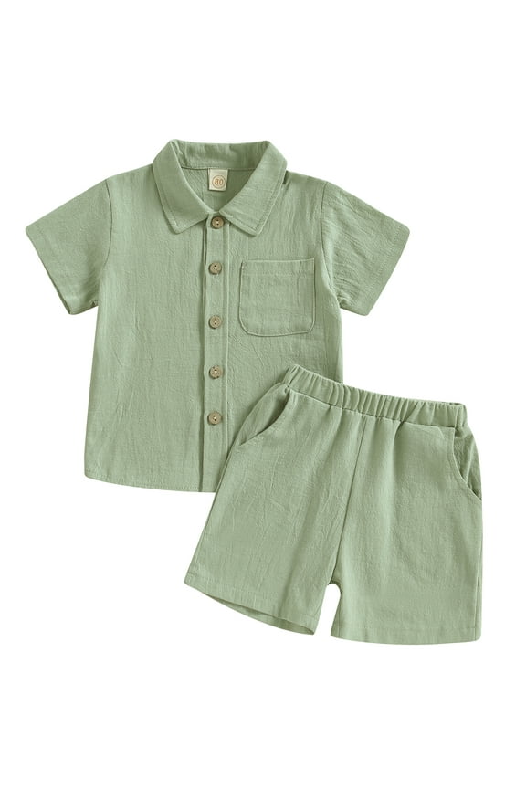 Toddler Baby Boys Cotton Linen Shorts Outfits Button Up Short Sleeve Shirts and Shorts 2Pcs Summer Clothes Set Green 3-4 Years