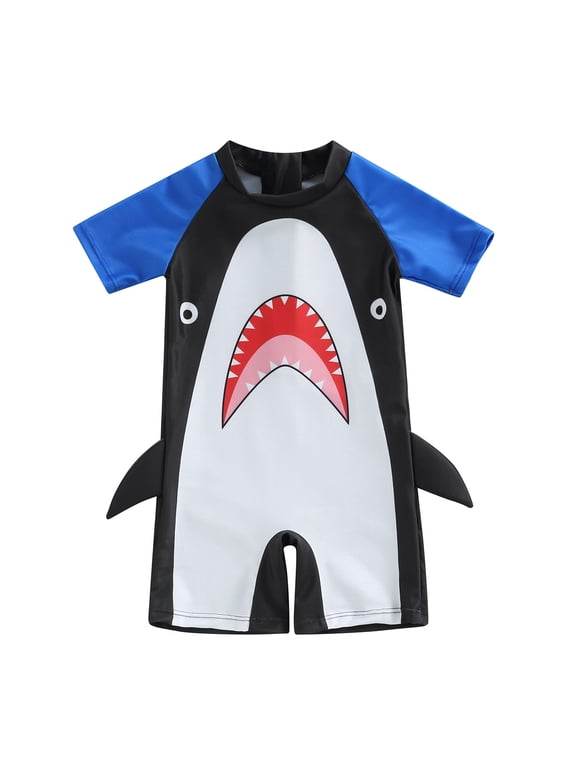 Toddler Baby Boys One Piece Swimsuit Shark Print Zipper Rash Guard Swimwear UPF 50+ Short Sleeve Beach Bathing Suits