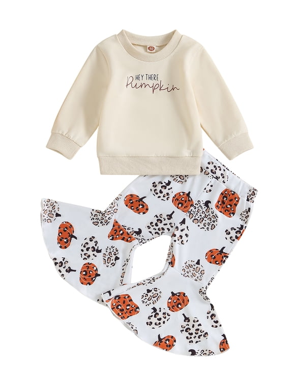 Toddler Baby Girl Halloween Outfit HEY THERE Pumpkin Long Sleeve Sweatshirt Tops Flared Pants Fall Winter Clothes Set Apricot 18-24 Months