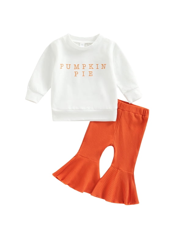 Toddler Baby Girl Halloween Outfit Pumpkin Pie Crewneck Sweatshirt Shirt Top Bell-Bottom Pants Fall Winter Clothes Sets Orange White 0-6 Months