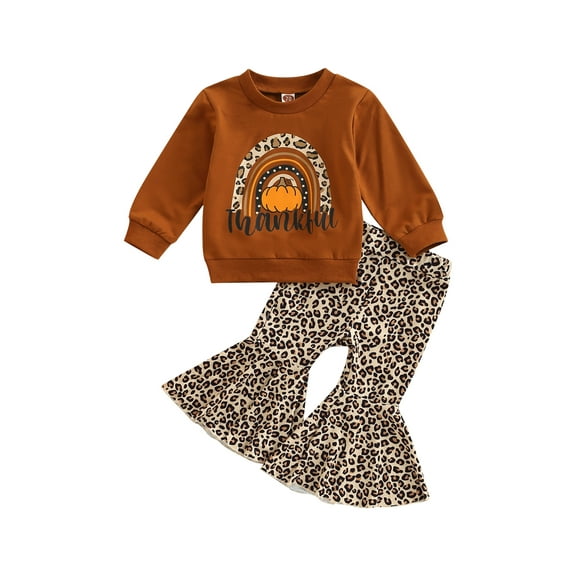 Springcmy Toddler Baby Girl Halloween Outfit Rainbow Pumpkin Long Sleeve Sweatshirt Tops Leopard Flared Pants Fall Clothes Set Brown 6-12 Months