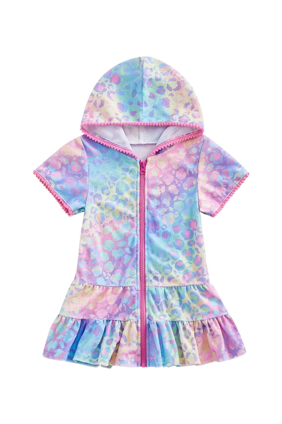 Toddler Girls Summer Swimsuit Cover Up Short Sleeve Leopard Print Zipper Hooded Swimwear Beachwear Bathing Suit Pink 3-4 Years
