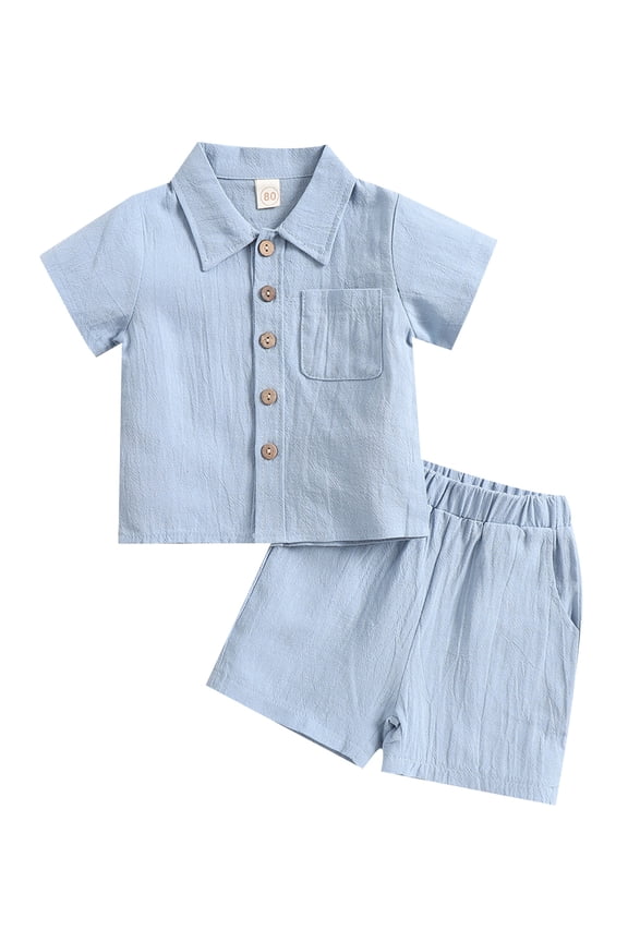 Toddler Kids Baby Boys Cotton Linen Clothes Set Short Sleeve Button Down Shirt Top and Shorts 2Pcs Summer Outfit Blue 2-3 Years