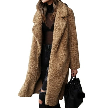 Womens Fluffy Fleece Long Trench Coat Jacket Faux Fur Borg Outwear Warm ...