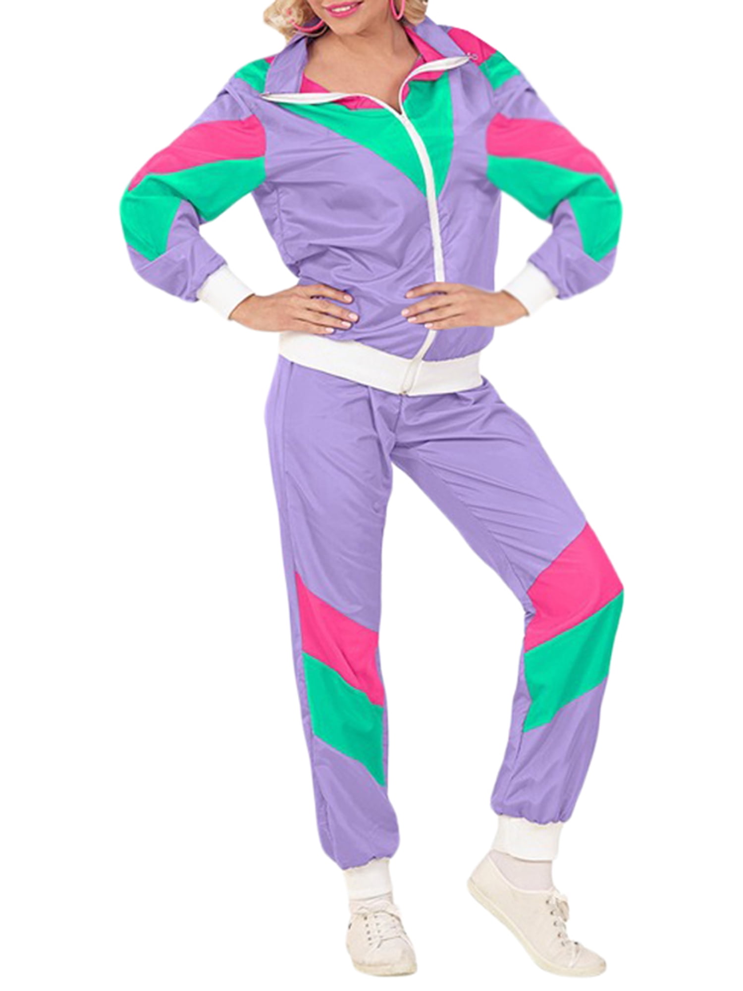 Springcmy Women Men 80s 90s Tracksuit Outfits Color Block Retro Disco Hip Hop Costumes 2 Piece Windbreaker Jacket and Trousers Set Purple XXL
