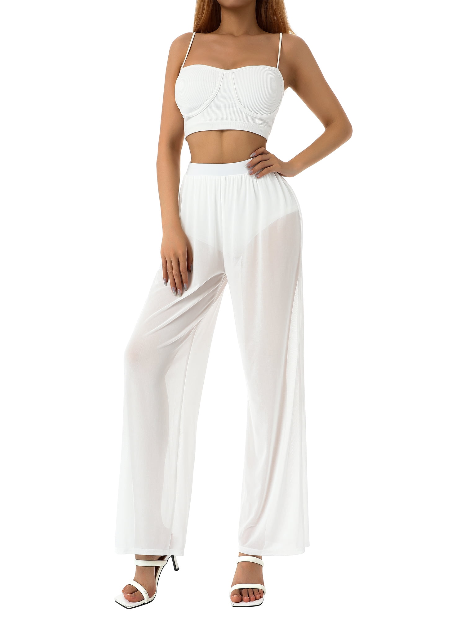 Springcmy Women Wide Leg Cover Up Pants See Through Sheer Mesh Bikini ...