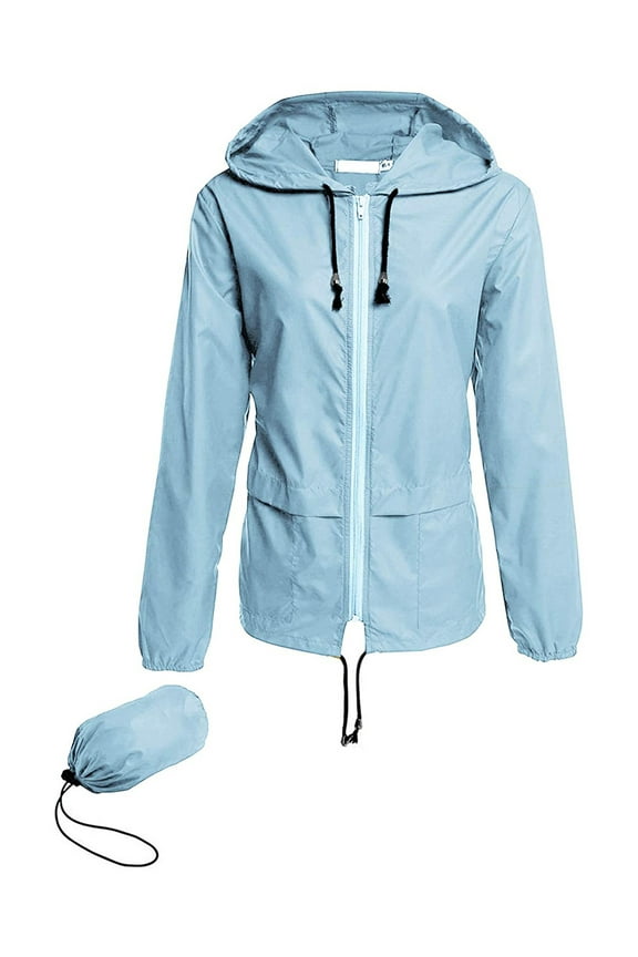 Women Windbreaker Hooded Jacket Lightweight Casual Zip-up Outwear Packable Waterproof Rain Coat