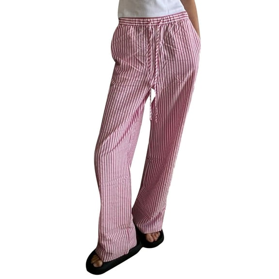 Springcmy Women Y2K Striped Wide Leg Lounge Pants Pinstriped Loose Fit High Waist Pajama Trousers Pants Gingham Going Out Bottoms