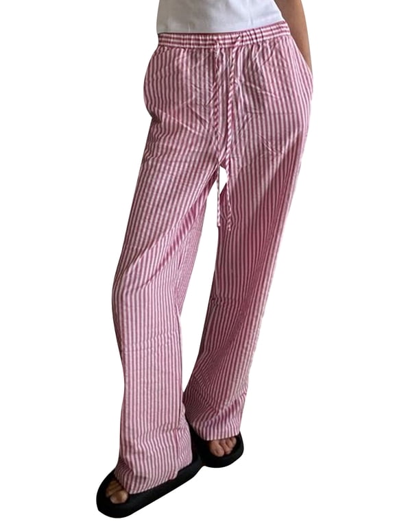 Women Y2K Striped Wide Leg Lounge Pants Pinstriped Loose Fit High Waist Pajama Trousers Pants Gingham Going Out Bottoms