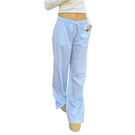 Springcmy Women Y2K Striped Wide Leg Lounge Pants Pinstriped Loose Fit High Waist Pajama Trousers Pants Gingham Going Out Bottoms