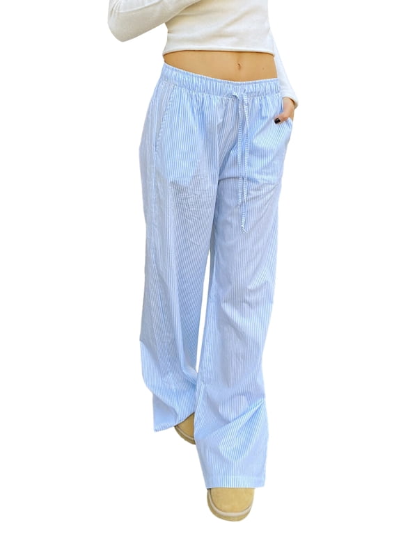 Women Y2K Striped Wide Leg Lounge Pants Pinstriped Loose Fit High Waist Pajama Trousers Pants Gingham Going Out Bottoms