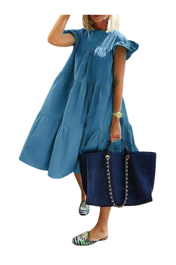 Women's Crew Neck Casual Short Sleeve Ruffle-Trim Summer Mini Dresses Sundress Blue XL