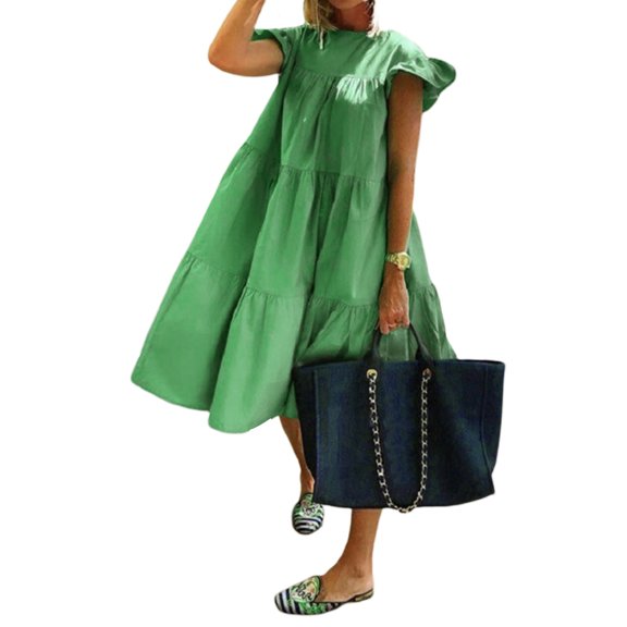 Springcmy Women's Crew Neck Casual Short Sleeve Ruffle-Trim Summer Mini Dresses Sundress Green 2XL