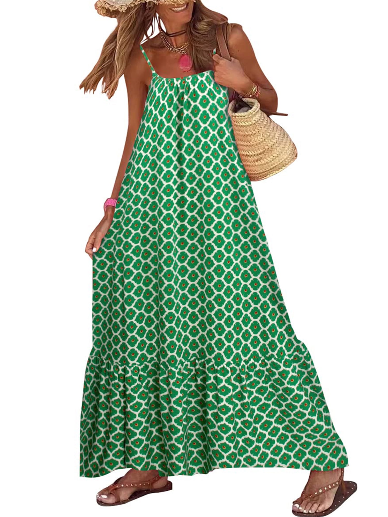 Springcmy Women's Maxi Boho Dress Summer Floral Sleeveless Flowy Midi ...