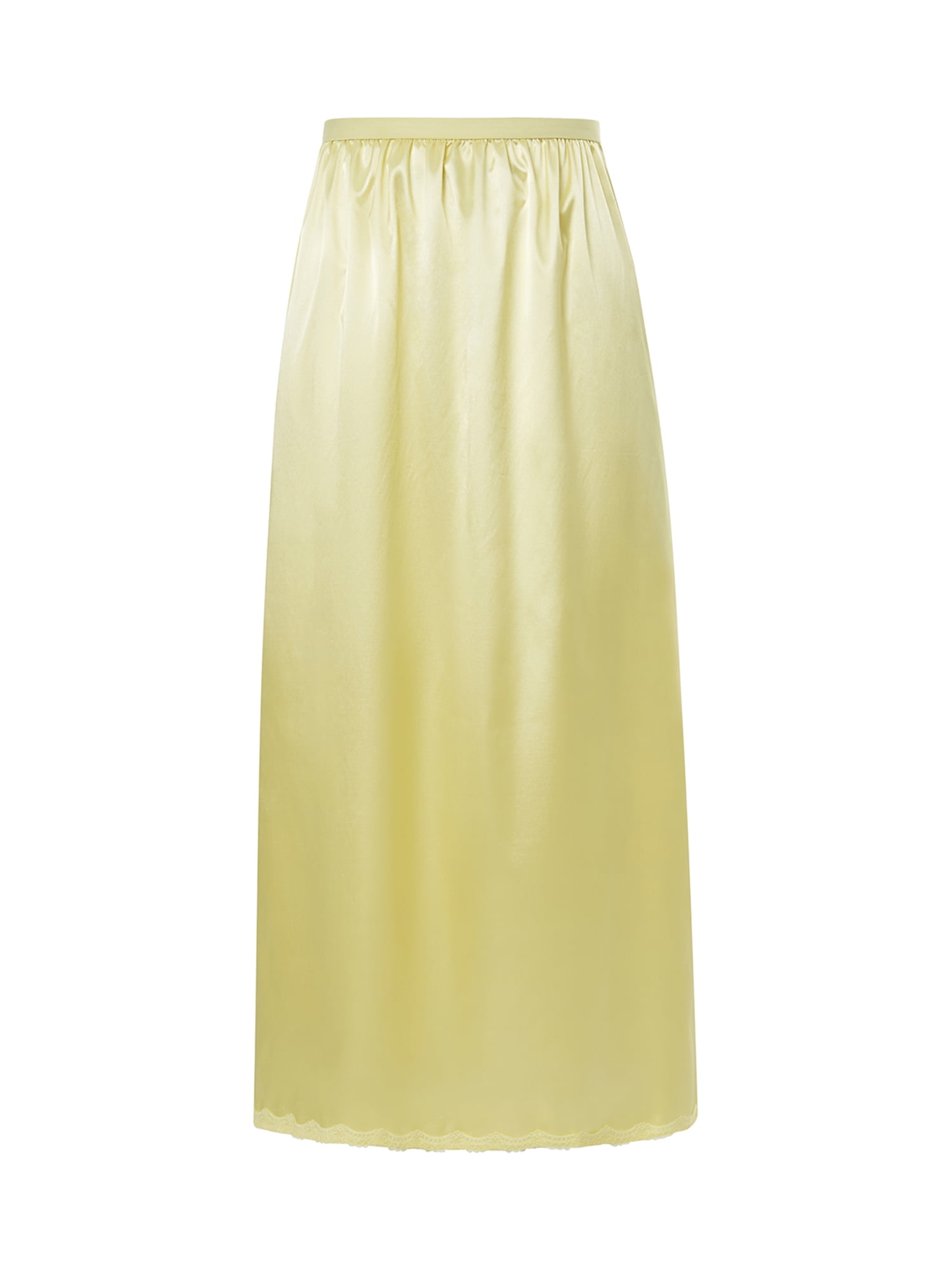 Springcmy Women's Satin Half Slips Underskirt Elastic Waist Trim Lace Long Half Slips Skirt for