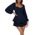 thumbnail image 1 of Springcmy Womens Lantern Ruffle Romper Off Shoulder Puff Long Sleeve Flowy Lyaner Romper Dress Smocked Short Jumpsuit Playsuits Navy Blue M, 1 of 7