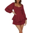 thumbnail image 1 of Springcmy Womens Lantern Ruffle Romper Off Shoulder Puff Long Sleeve Flowy Lyaner Romper Dress Smocked Short Jumpsuit Playsuits Wine Red XL, 1 of 7