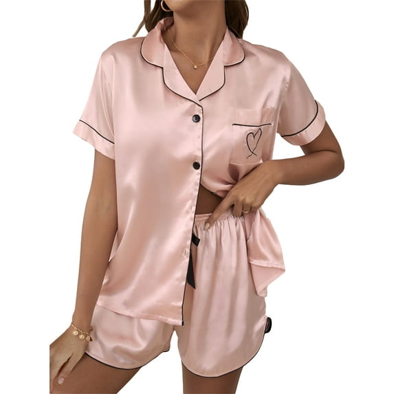 Springcmy Womens Satin Pajama Set Summer Short Sleeve Heart Embroidery Button Shirt + Shorts 2 Piece Pjs Set Loungewear Pink S