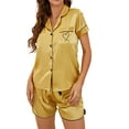 thumbnail image 1 of Springcmy Womens Satin Pajama Set Summer Short Sleeve Heart Embroidery Button Shirt + Shorts 2 Piece Pjs Set Loungewear Yellow L, 1 of 7