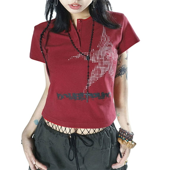 Springcmy Womens Teen E Girls Y2k Vintage Aesthetic Star Graphic Print Crop Tops Fairy Grunge Baby Tees Shirt Clothes Red L