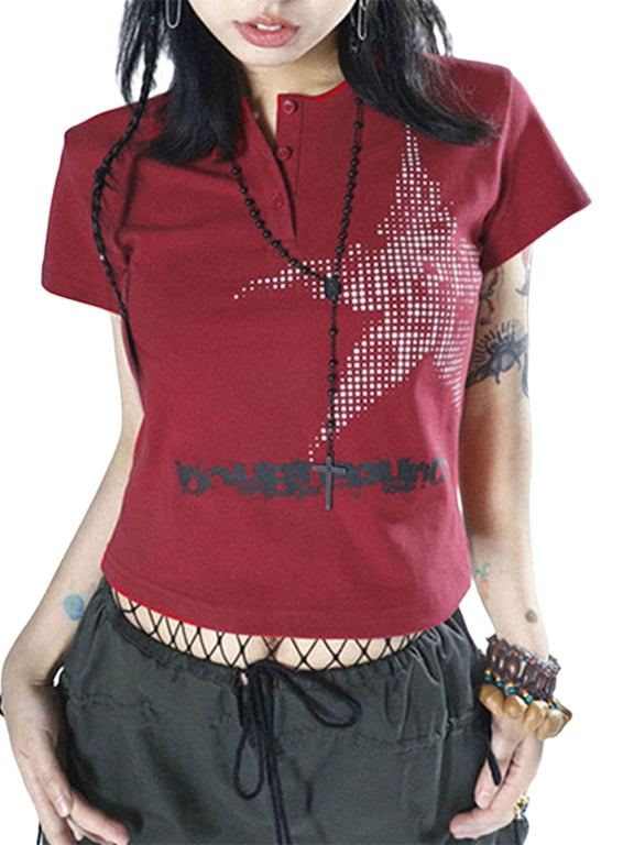 Womens Teen E Girls Y2k Vintage Aesthetic Star Graphic Print Crop Tops Fairy Grunge Baby Tees Shirt Clothes Red S