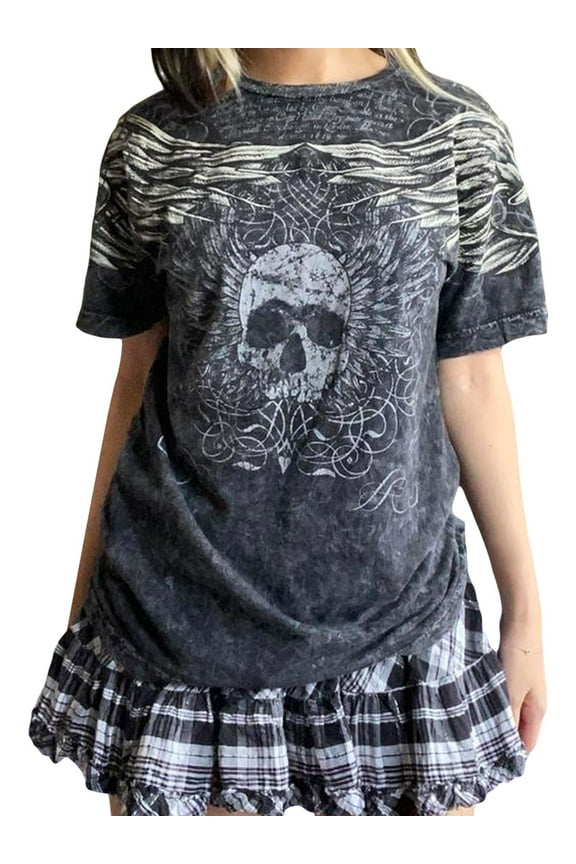 Y2K Fairy Grunge Skull Shirts for Women Teens Girls Punk Graphic Baggy Tee Shirts Tops Halloween Clothes