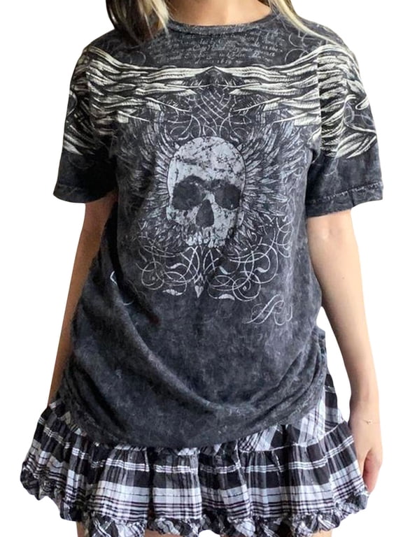 Y2K Fairy Grunge Skull Shirts for Women Teens Girls Punk Graphic Baggy Tee Shirts Tops Halloween Clothes