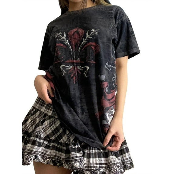 Springcmy Y2K Fairy Grunge Skull Shirts for Women Teens Girls Punk Graphic Baggy Tee Shirts Tops Halloween Clothes