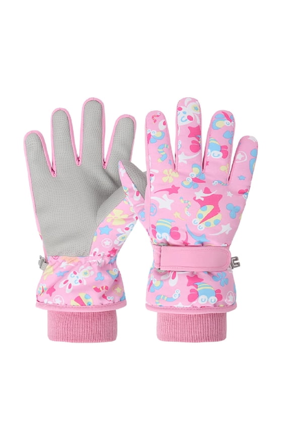Springcorner 1 Pair Kids Snow Ski Gloves,Waterproof Kids Winter Gloves, Cartoon Snow Mittens,Snow Gloves for Ourdoor for Boys Girls Toddler with Fleece Lining(Pink-7-9Years)