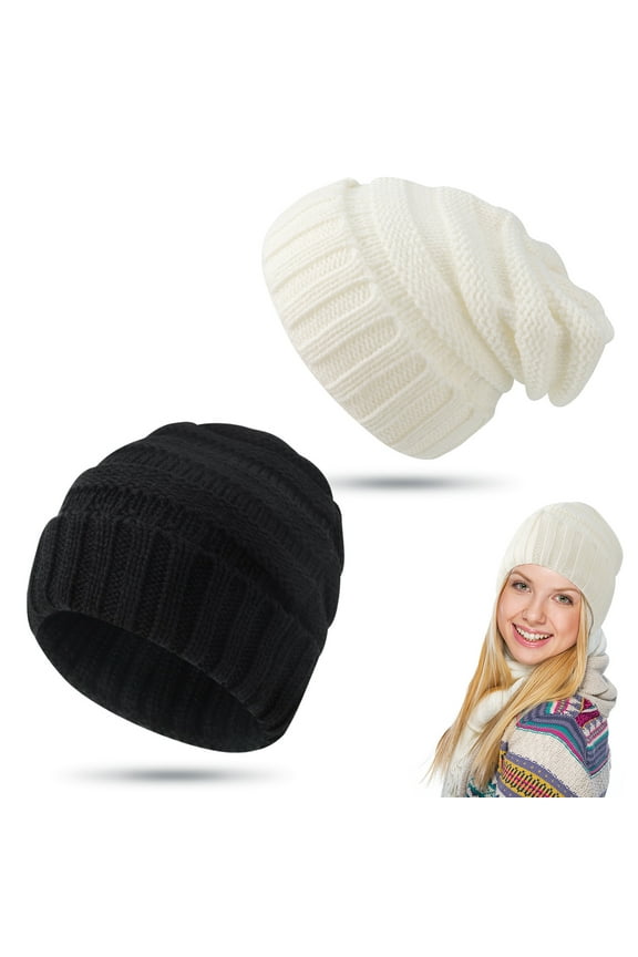 Springcorner 2 Pack Slouch Knit Hats for Women, Womans Winter Hats, Beanie Cap for Woman, Warm Chunky Knitted Cap for Men and Woman