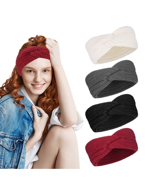 4 Pcs Ear Warmers Headband, Knit Headbands Ear Wraps for Women, Winter Ear Warmer, Twisted Elastic Turban Head Wrap with Bow Knot