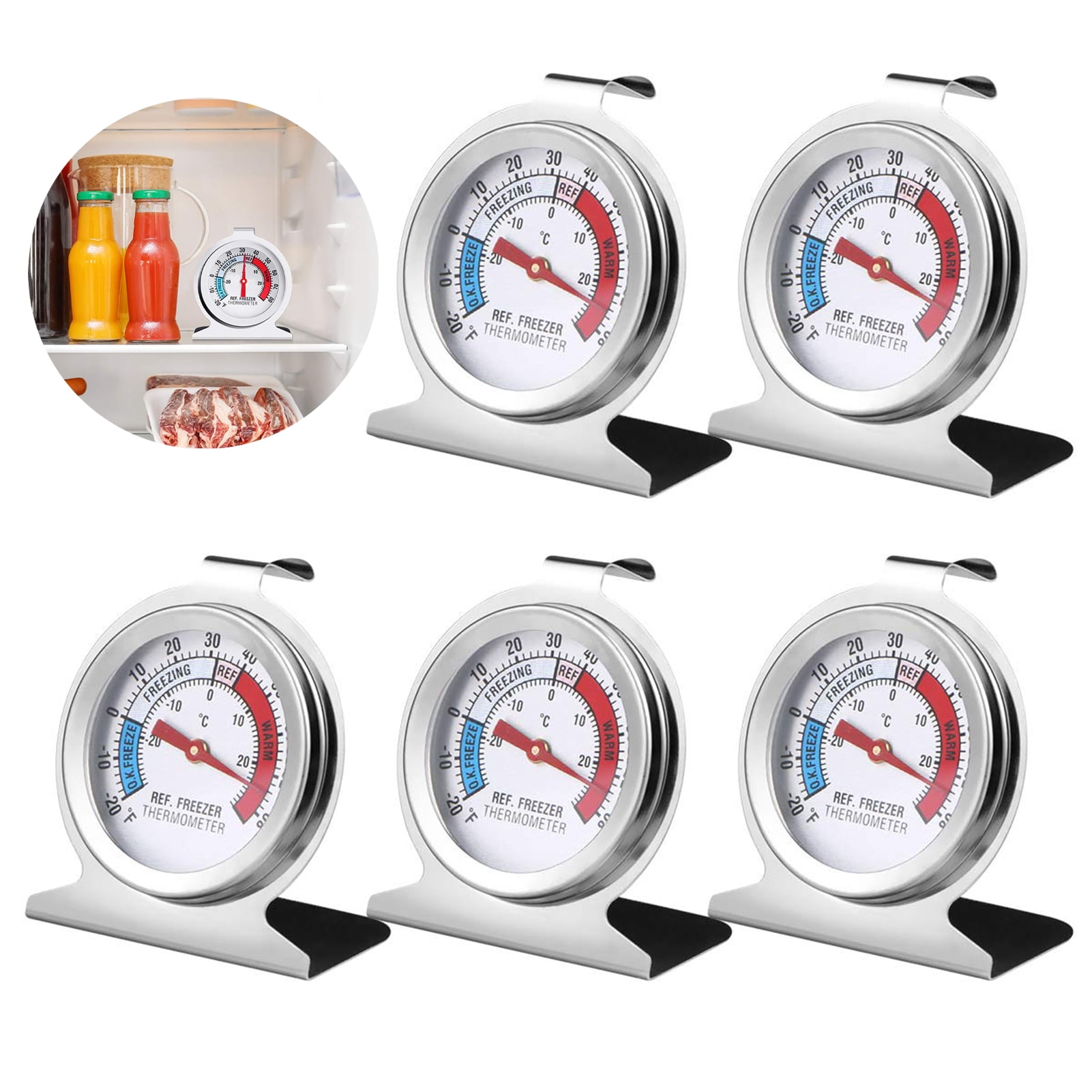 3 Pack Refrigerator Thermometer, Fridge Thermometer Stainless Steel Freezer  Thermometer with Red Indicator, Large Dial Thermometers 