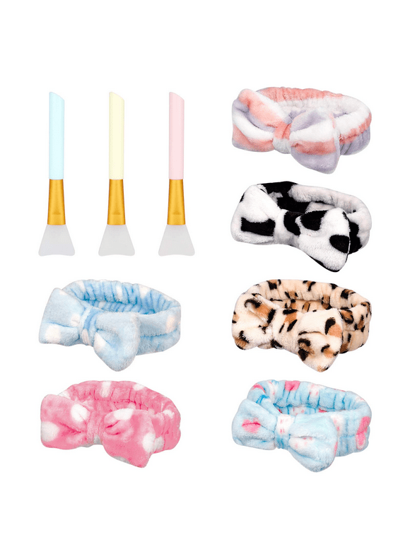 Springcorner Pack of 6 Spa Bow Headbands, Face Wash Headband, Soft Coral Fleece Headband with 3 Silicone Brushes for Showers and Face Washing