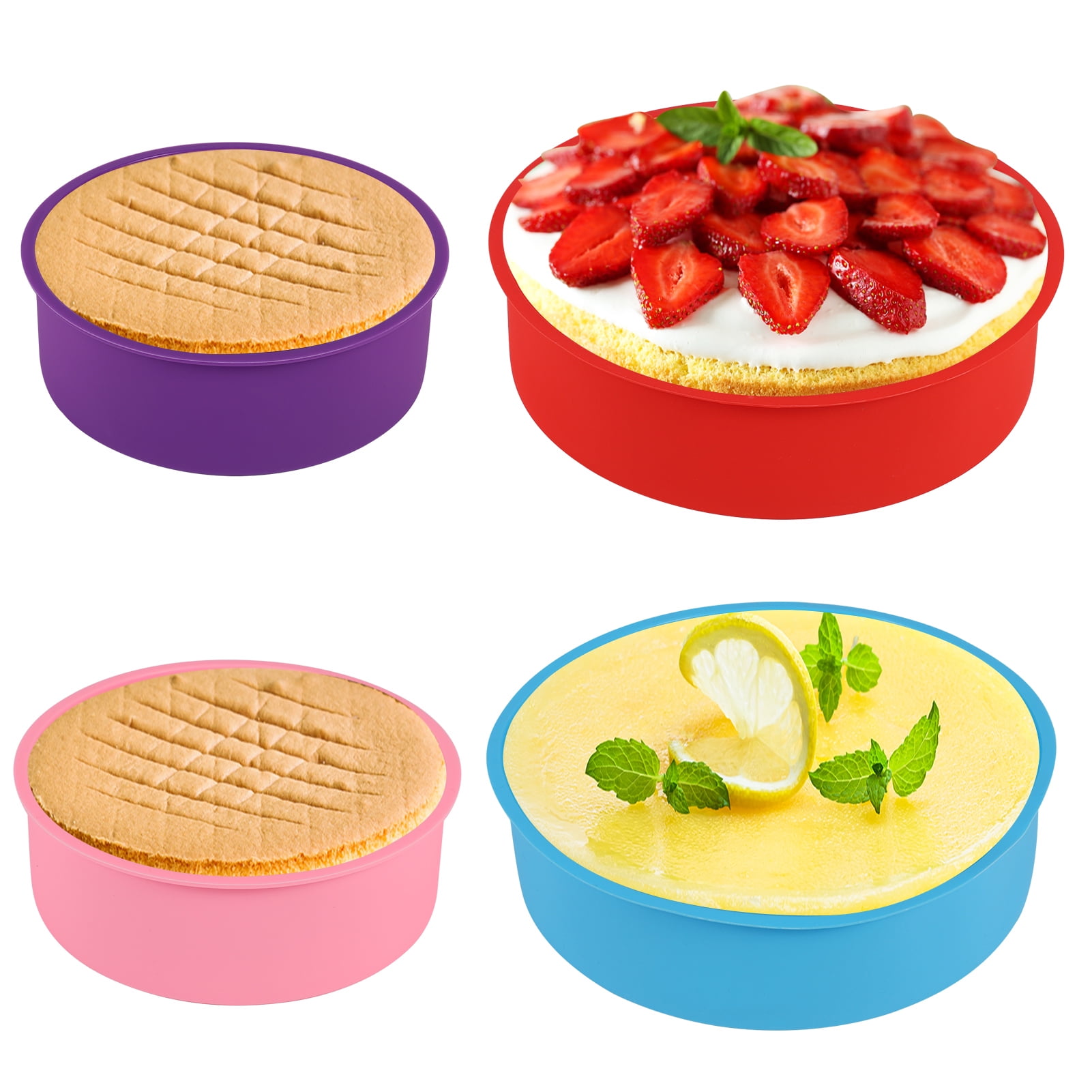 4 Pcs 8 inch Round Silicone Cake Pan, Silicone Cake Mold Non-Stick Layer Cheesecake Mold for Rainbow Cake | Vegetable Pancake | Pizza Crust | Omelet 