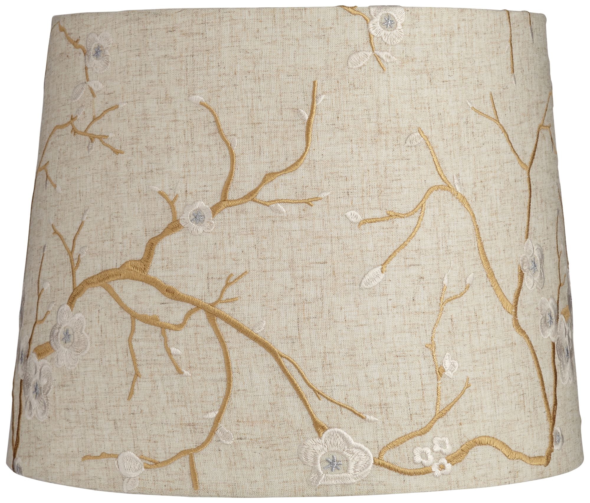 Springcrest Beige Plum Flower Embroidery Medium Drum Lamp Shade 12" Top x 14" Bottom x 11" Slant (Spider) Replacement with Harp and Finial