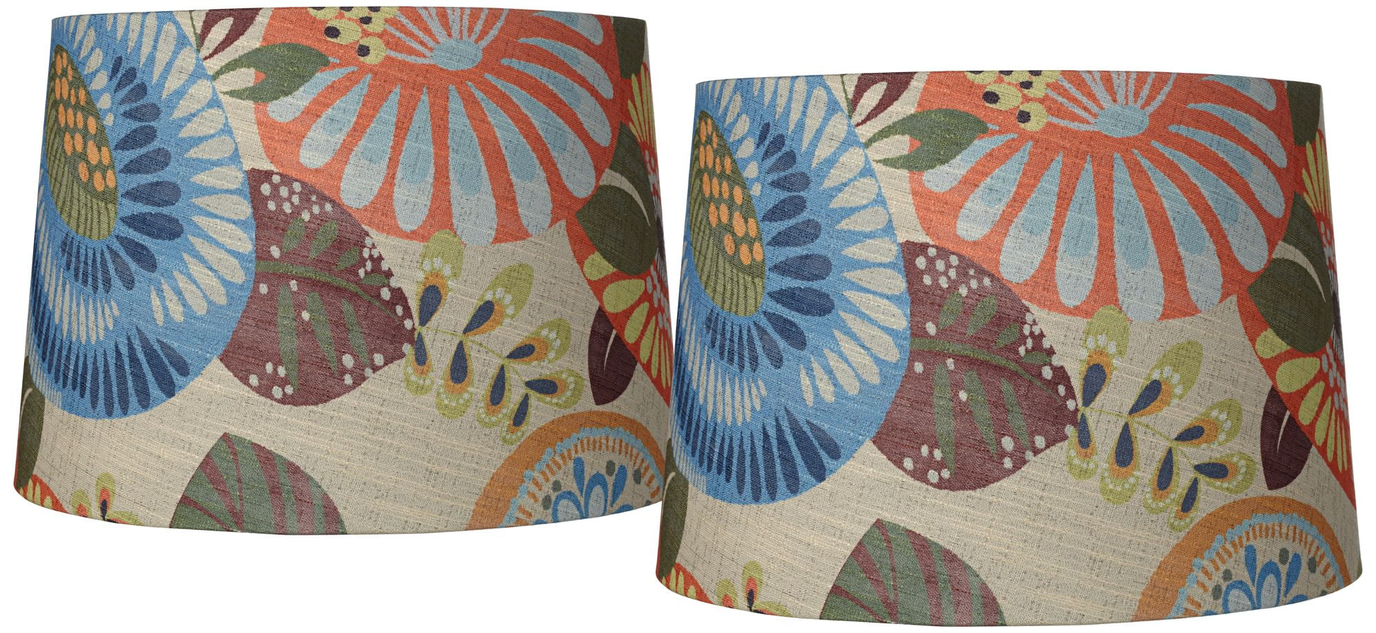 Springcrest Collection Set of 2 Drum Lamp Shades Multi Color Tropic Floral Medium 14" Top x 16" Bottom x 11" Slant Spider with Harp and Finial Fitting