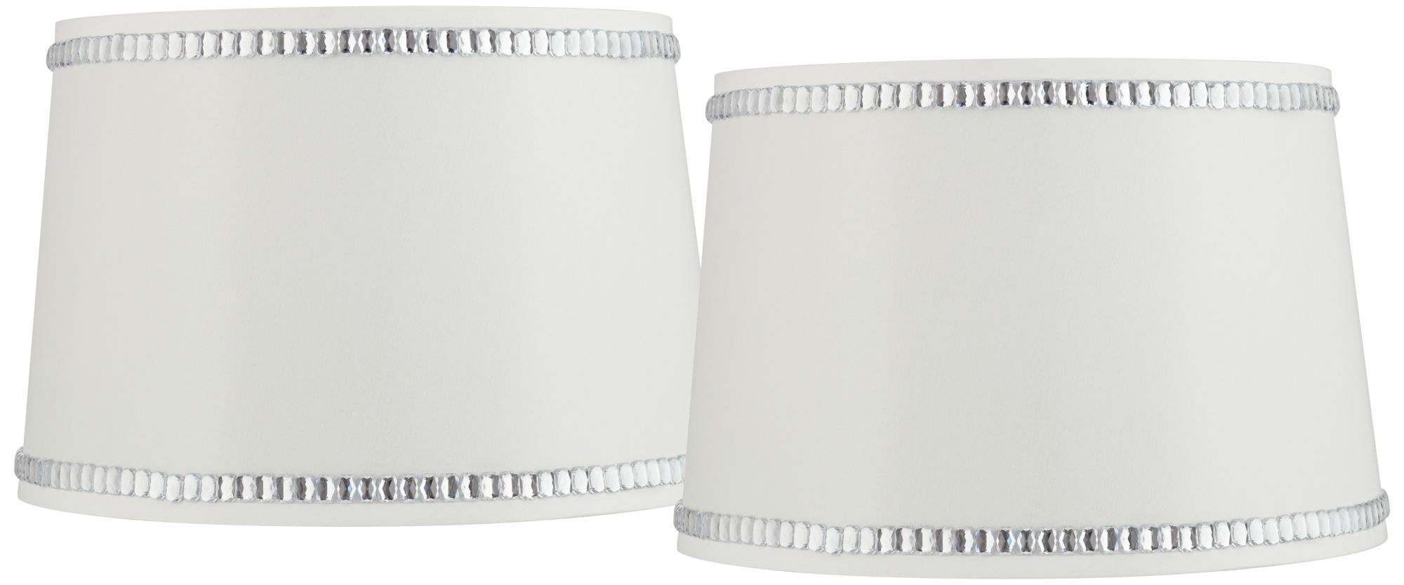 Springcrest Set of 2 Drum Lamp Shades White Crystals Beaded Medium 13" Top x 15" Bottom x 10" High Spider Harp and Finial Fitting